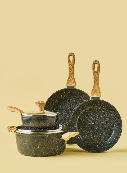 6-Piece Cookware Set Aluminum Pots And Pans Non-Stick Surface Wood Finish Handles Tempered Glass Lids PFOA Free - Frying Pan, Casserole With Lid, Saucepan With Lid Black