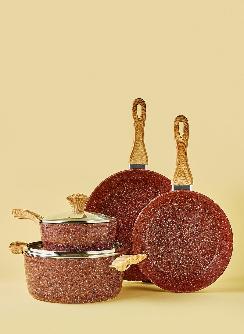 Noon East Cookware Set Aluminum Pots And Pans Non-Stick Surface Wood Finish Handles Tempered Glass Lids PFOA Free Frying Pan, Casserole With Lid, Saucepan With Lid Maroon  - Image 1