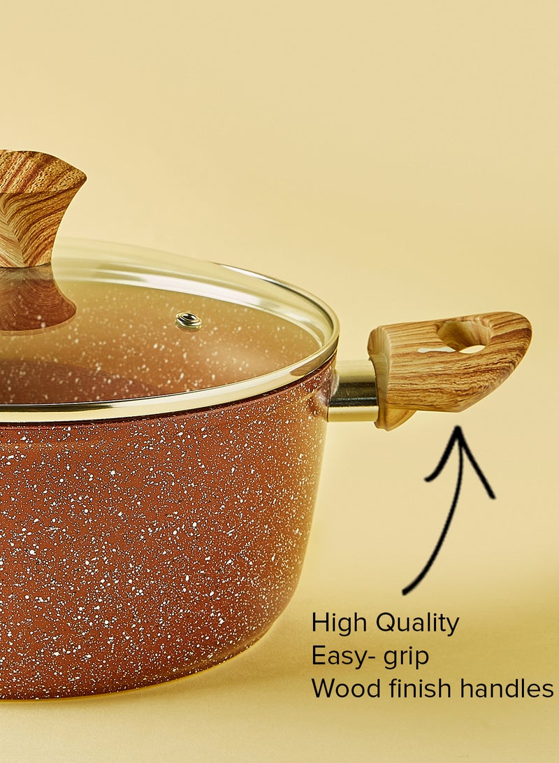 Noon East Cookware Set Aluminum Pots And Pans Non-Stick Surface Wood Finish Handles Tempered Glass Lids PFOA Free Frying Pan, Casserole With Lid, Saucepan With Lid Maroon  - Image 5