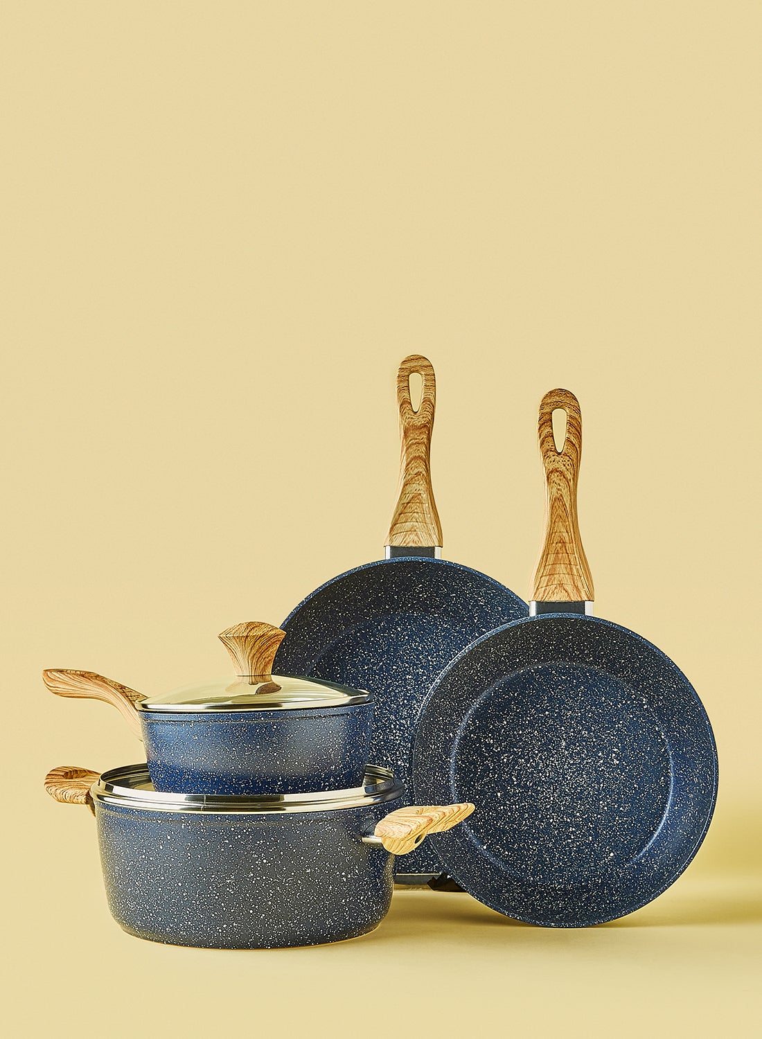 Noon East 6-Piece 6 Piece Cookware Set - Aluminium Pots And Pans - Non-Stick Surface - Wood Finish Handles - Tempered Glass Lids - PFOA Free - Frying Pan, Casserole With Lid, Saucepan With Lid Blue 