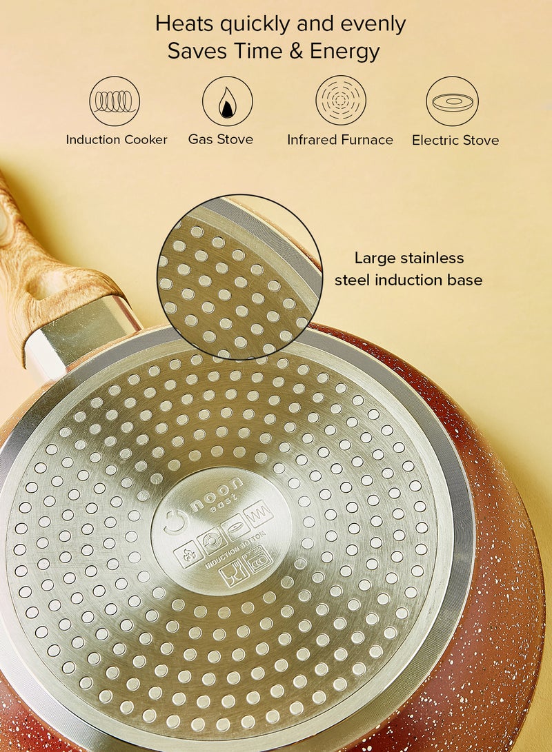 Noon East Cookware Set Aluminum Pots And Pans Non-Stick Surface Wood Finish Handles Tempered Glass Lids PFOA Free Frying Pan, Casserole With Lid, Saucepan With Lid Maroon  - Image 3