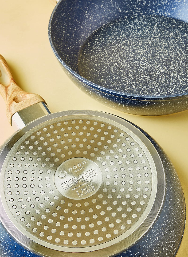 Noon East - 6-Piece 6 Piece Cookware Set - Aluminium Pots And Pans - Non-Stick Surface - Wood Finish Handles - Tempered Glass Lids - PFOA Free - Frying Pan, Casserole With Lid, Saucepan With Lid Blue - Image 1