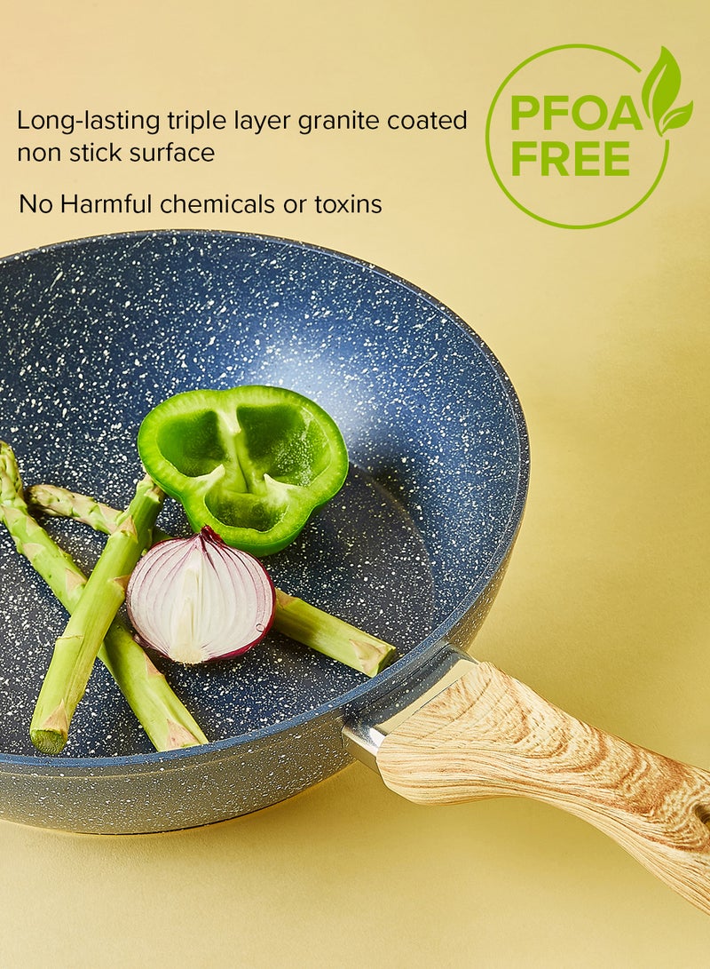 Noon East - 6-Piece 6 Piece Cookware Set - Aluminium Pots And Pans - Non-Stick Surface - Wood Finish Handles - Tempered Glass Lids - PFOA Free - Frying Pan, Casserole With Lid, Saucepan With Lid Blue - Image 1