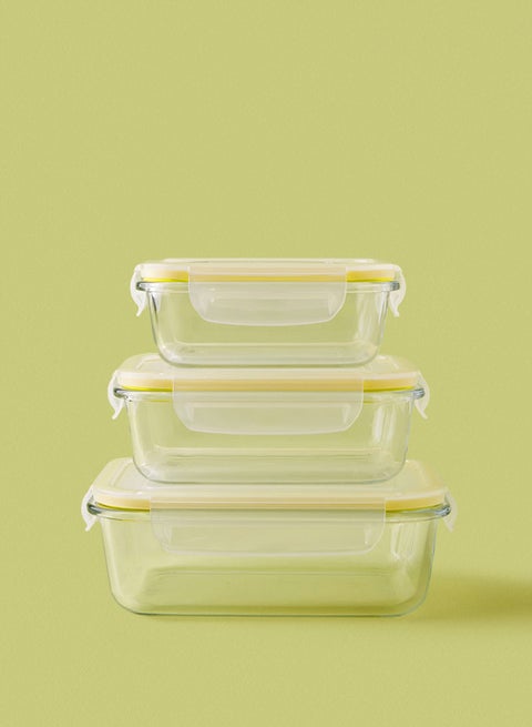 3 Piece Borosilicate Glass Food Container Set - Airtight Lids - Lunch Box - Rectangle - Food Storage Box - Storage Boxes - Kitchen Cabinet Organizers - Glass Food Container - Yellow Yellow 3-Piece (Rectangle)