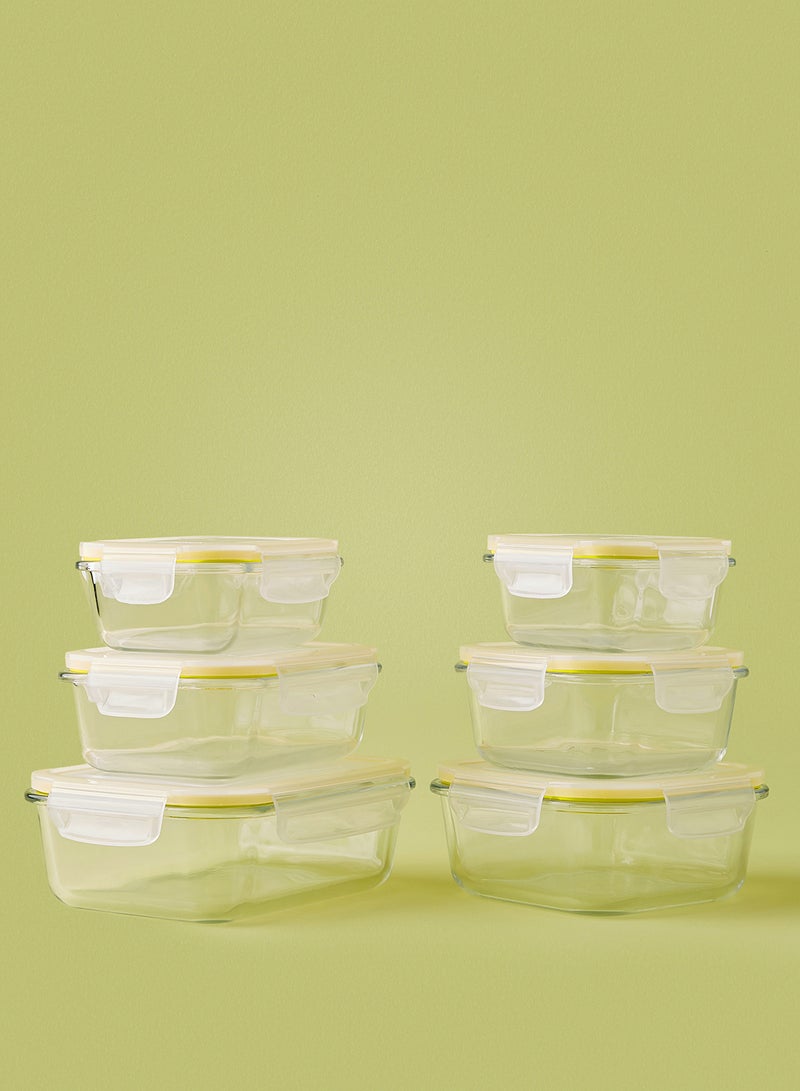 Noon East 6 Piece Borosilicate Glass Food Container Set - Airtight Lids - Lunch Box - Rectangle + Square - Food Storage Box - Storage Boxes - Kitchen Cabinet Organizers - Glass Food Container - Yellow Yellow 6-Piece (Rectangle/Square)  - Image 1