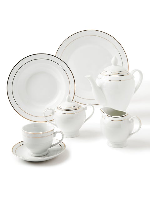 56 Piece Porcelain Dinner Set - Dishes, Plates - Dinner Plate, Side Plate, Bowl, Cups, Serving Dish And Bowl - Serves 6 - Festive Design White/Gold Line White/Gold Line
