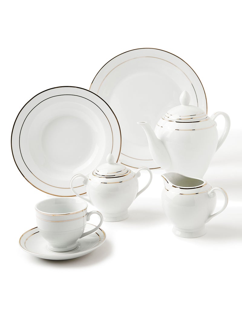 Noon East - 56 Piece Porcelain Dinner Set - Dishes, Plates - Dinner Plate, Side Plate, Bowl, Cups, Serving Dish And Bowl - Serves 6 - Festive Design White/Gold Line White/Gold Line - Image 1