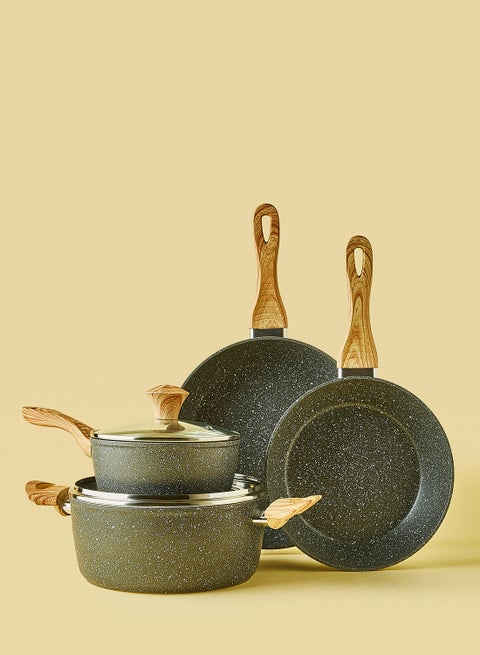 6 Piece Aluminum Cookware Set, Non-Stick Surface with Wood Finish Handles and Tempered Glass Lids, PFOA Free, Includes 1x24cm Deep Frying Pan, 1x28cm Deep Frying Pan, 1x18cm Saucepan with Lid, 1x24cm Casserole with Lid, Grey