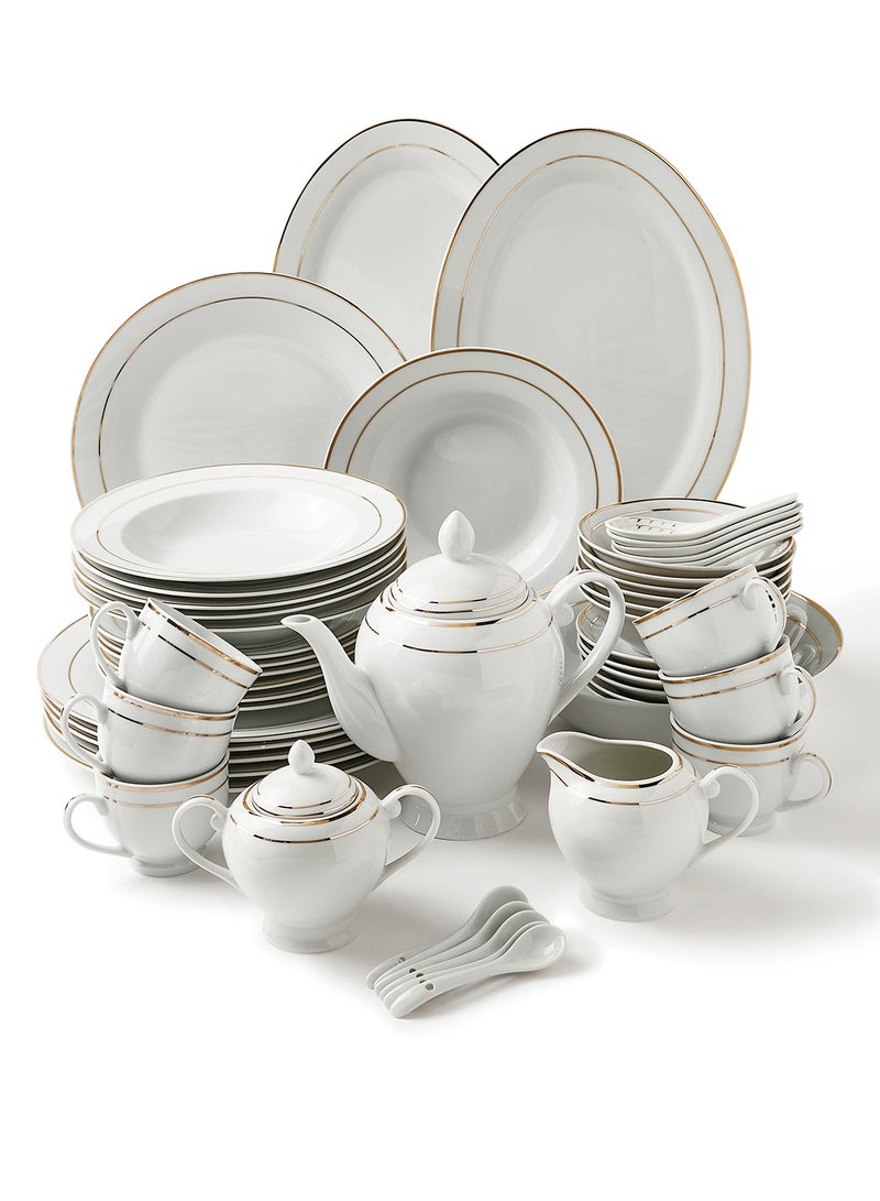 Noon East - 56 Piece Porcelain Dinner Set - Dishes, Plates - Dinner Plate, Side Plate, Bowl, Cups, Serving Dish And Bowl - Serves 6 - Festive Design White/Gold Line White/Gold Line - Image 1