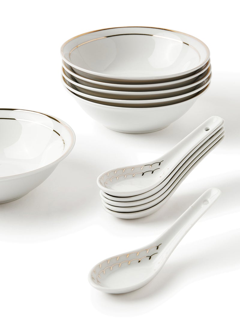 Noon East - 56 Piece Porcelain Dinner Set - Dishes, Plates - Dinner Plate, Side Plate, Bowl, Cups, Serving Dish And Bowl - Serves 6 - Festive Design White/Gold Line White/Gold Line - Image 1