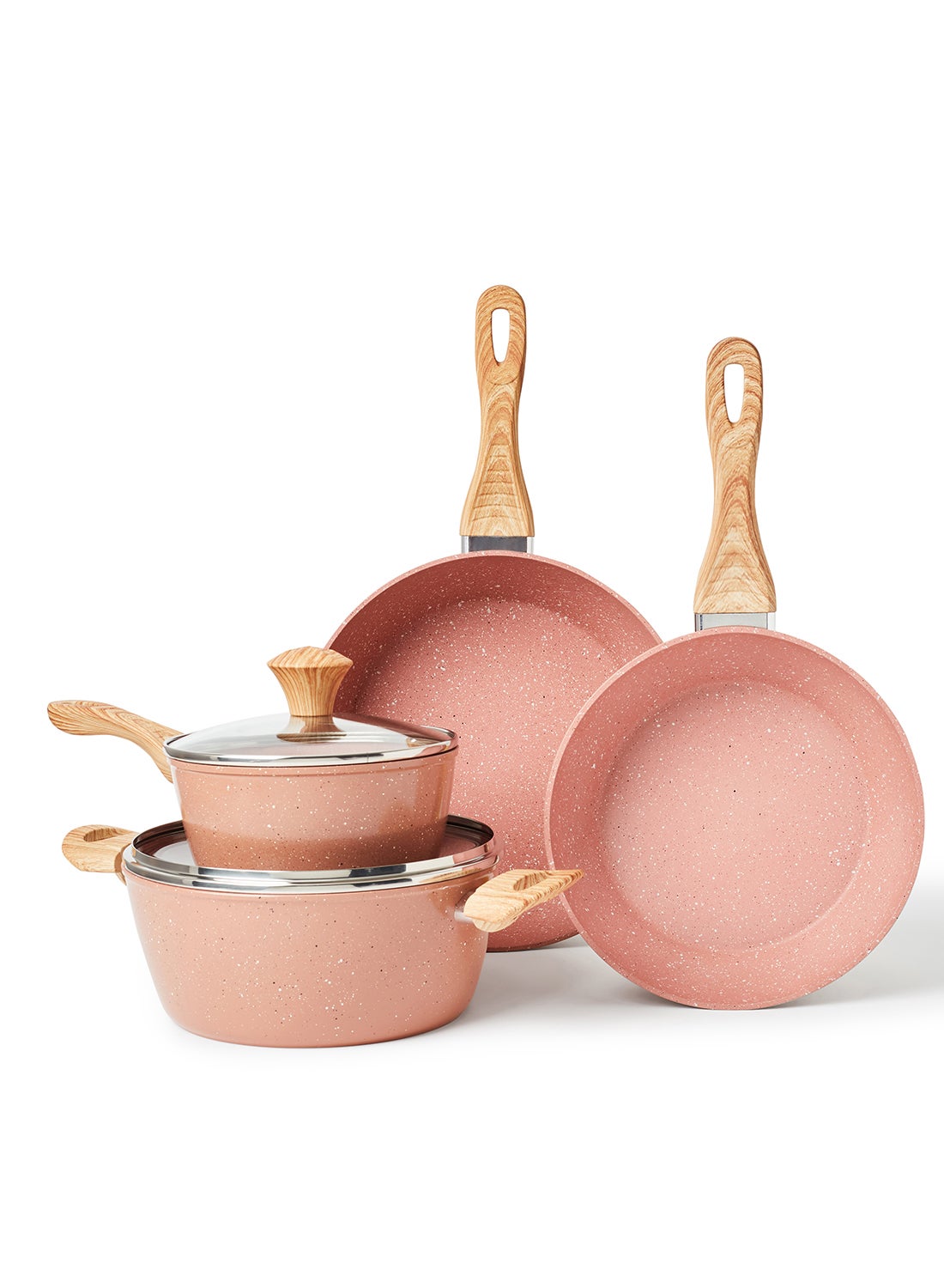 Noon East 6-Piece 6 Piece Cookware Set - Aluminum Pots And Pans - Non-Stick Surface - Wood Finish Handles - Tempered Glass Lids - PFOA Free - Frying Pan, Casserole With Lid, Saucepan With Lid - Light Coral Light Coral 