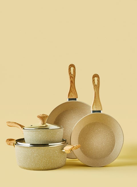 6 Piece Aluminum Cookware Set, Non-Stick Surface with Wood Finish Handles and Tempered Glass Lids, PFOA Free, Includes 1x24cm Deep Frying Pan, 1x28cm Deep Frying Pan, 1x18cm Saucepan with Lid, 1x24cm Casserole with Lid, Beige
