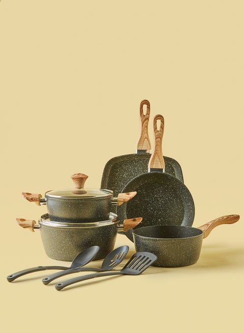 10-Piece Cookware Set - Aluminium Pots And Pans - Non-Stick Surface - Wood Finish Handles - Tempered Glass Lids - PFOA Free - Frying Pan, Casserole With Lid, Saucepan, Grill Pan, Kitchen Tools Black with Wood Finish