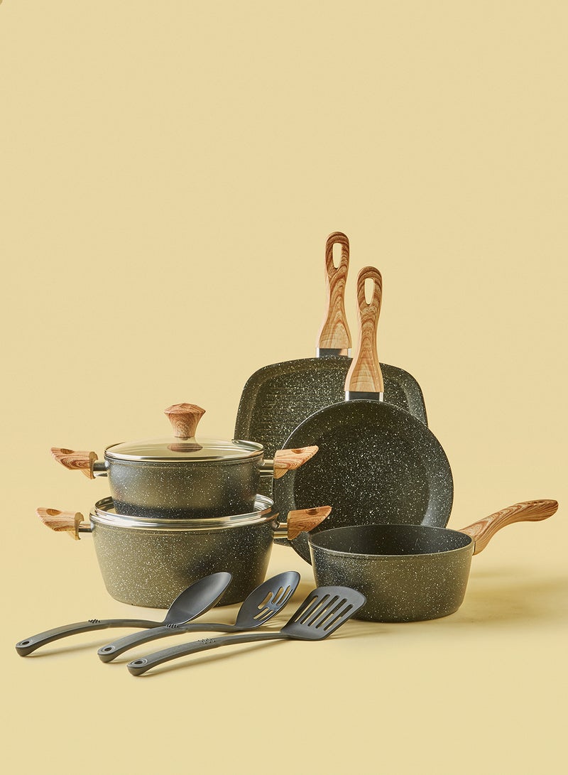 Noon East 10-Piece Cookware Set - Aluminium Pots And Pans - Non-Stick Surface - Wood Finish Handles - Tempered Glass Lids - PFOA Free - Frying Pan, Casserole With Lid, Saucepan, Grill Pan, Kitchen Tools Black with Wood Finish  - Image 1