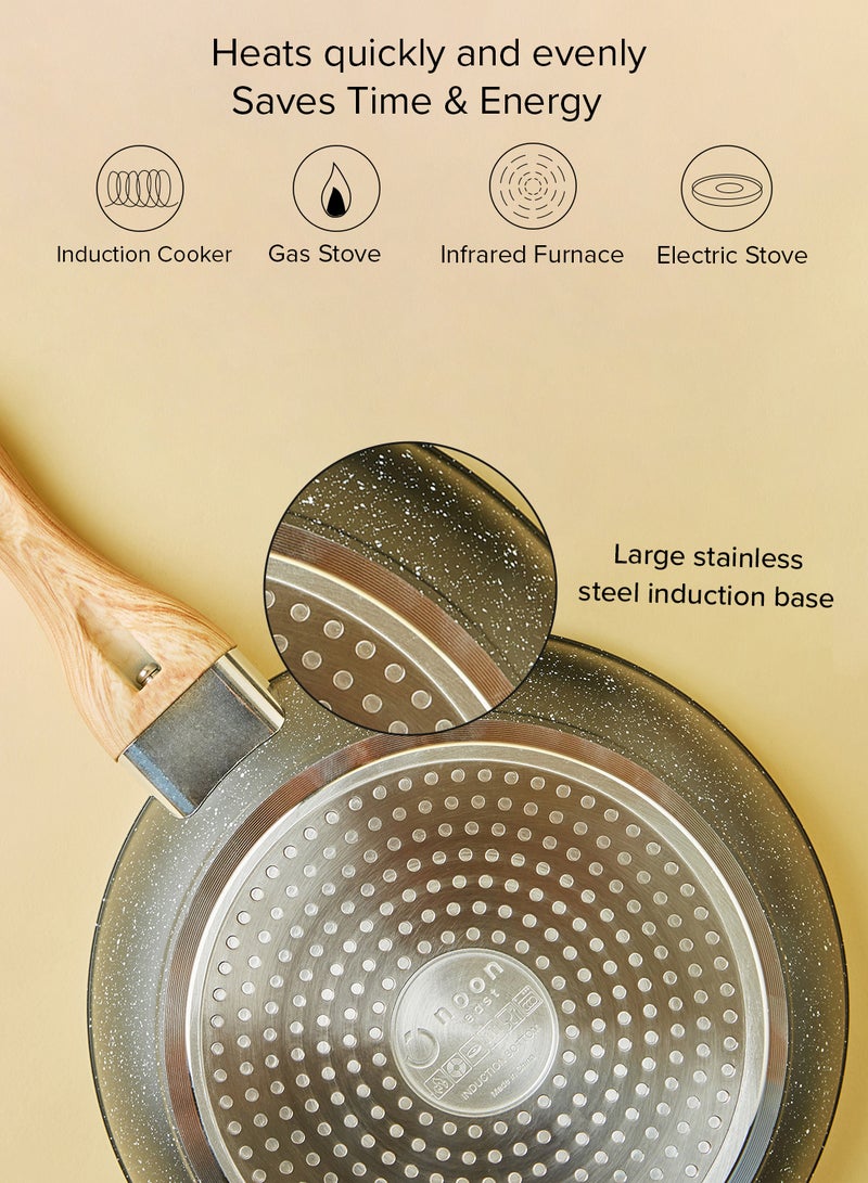 Noon East 10-Piece Cookware Set - Aluminium Pots And Pans - Non-Stick Surface - Wood Finish Handles - Tempered Glass Lids - PFOA Free - Frying Pan, Casserole With Lid, Saucepan, Grill Pan, Kitchen Tools Black with Wood Finish  - Image 4