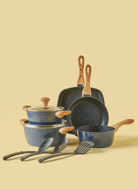 10-Piece Cookware Set - Aluminium Pots And Pans - Non-Stick Surface - Wood Finish Handles - Tempered Glass Lids - PFOA Free - Frying Pan, Casserole With Lid, Saucepan, Grill Pan, Kitchen Tools Granite
