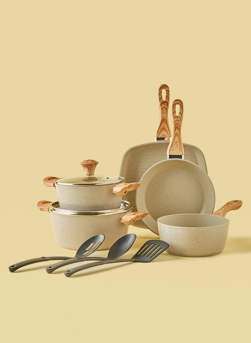Noon East 10-Piece Aluminium Pots And Pans Non-Stick Surface Wood Finish Handles Tempered Glass Lids PFOA Free Frying Pan, Casserole With Lid, Saucepan, Grill Pan, Kitchen Tools Granite  - Image 1