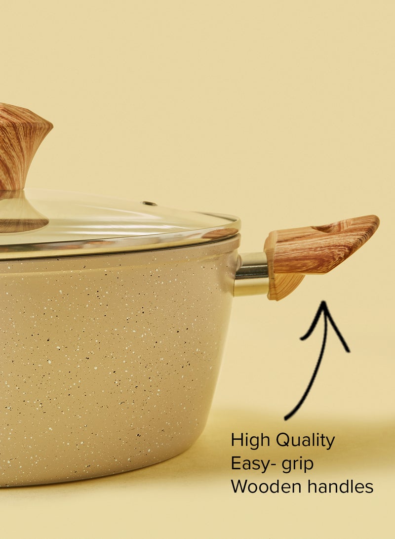 Noon East - 10-Piece Aluminium Pots And Pans Non-Stick Surface Wood Finish Handles Tempered Glass Lids PFOA Free Frying Pan, Casserole With Lid, Saucepan, Grill Pan, Kitchen Tools Granite - Image 1