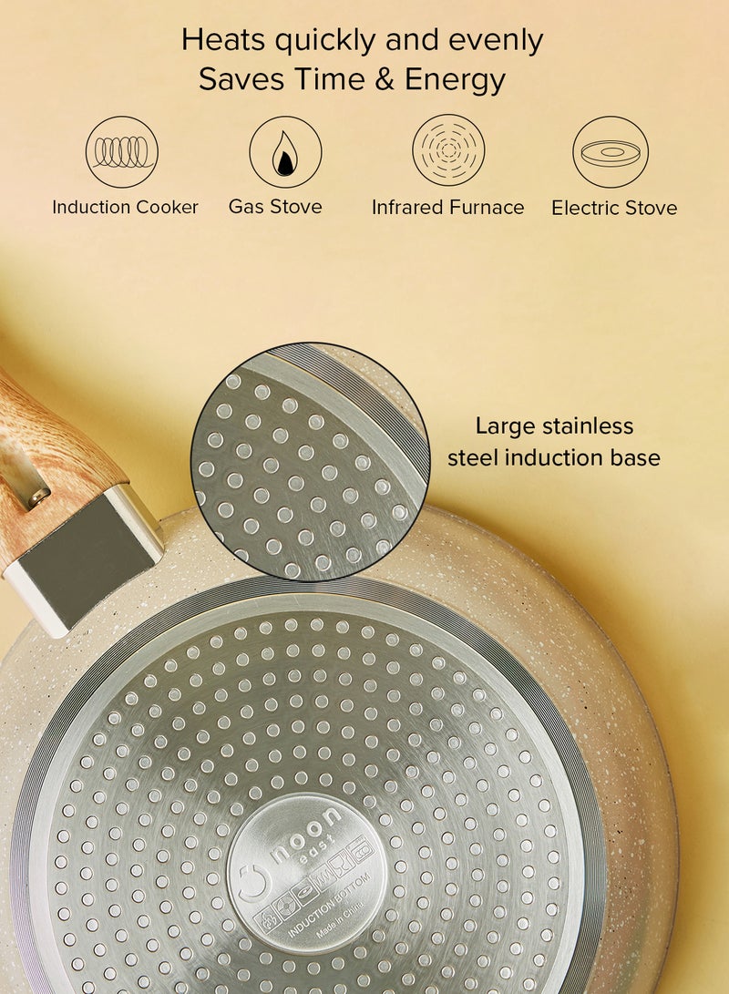 Noon East 15-Piece 15 Piece Aluminum Cookware Set, Non-Stick Surface with Wood Finish Handles and Tempered Glass Lids, PFOA free, Includes 1x24cm Frypan, 1x28cm Grill pan, 1x20cm Saucepan, 1x20cm Casserole With Lid, 1x24cm Casserole With Lid, 1x26cm Casserole With Lid, 4x Nylon Kitchen Tools, 2x Silicon Heat Resistant Mats, Beige  - Image 4