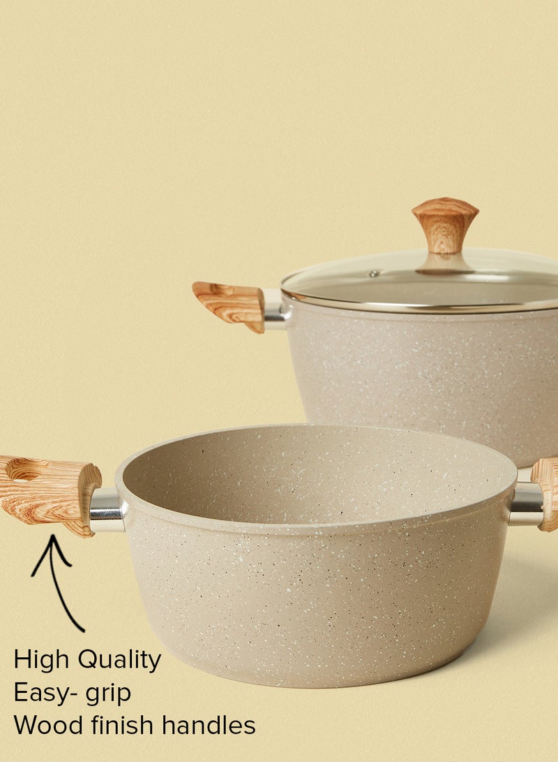 Noon East 15-Piece 15 Piece Aluminum Cookware Set, Non-Stick Surface with Wood Finish Handles and Tempered Glass Lids, PFOA free, Includes 1x24cm Frypan, 1x28cm Grill pan, 1x20cm Saucepan, 1x20cm Casserole With Lid, 1x24cm Casserole With Lid, 1x26cm Casserole With Lid, 4x Nylon Kitchen Tools, 2x Silicon Heat Resistant Mats, Beige  - Image 5