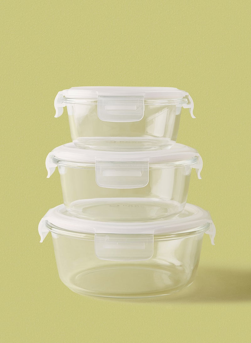 Noon East 3 Piece Borosilicate Glass Food Container Set - Airtight Lids - Lunch Box - Round - Food Storage Box - Storage Boxes - Kitchen Cabinet Organizers - Glass Food Container - White White 3-Piece (Round)  - Image 1