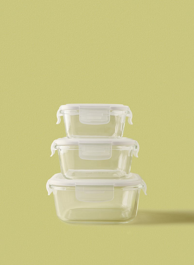 Noon East 3 Piece Borosilicate Glass Food Container Set - Airtight Lids - Lunch Box - Sqaure - Food Storage Box - Storage Boxes - Kitchen Cabinet Organizers - Glass Food Container - White White 3-Piece (Square)  - Image 1