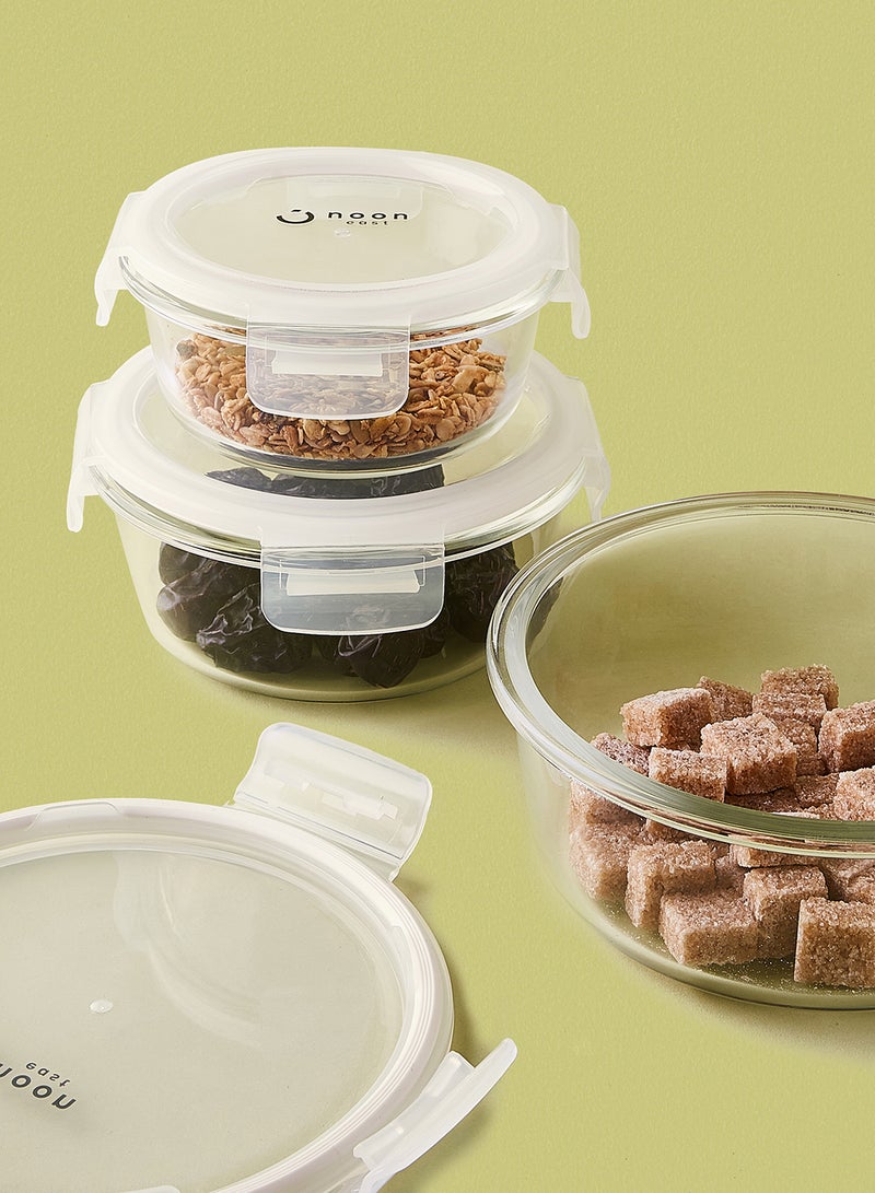 Noon East 3 Piece Borosilicate Glass Food Container Set - Airtight Lids - Lunch Box - Round - Food Storage Box - Storage Boxes - Kitchen Cabinet Organizers - Glass Food Container - White White 3-Piece (Round)  - Image 4