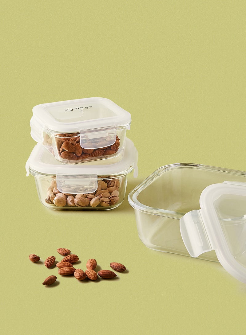 Noon East 3 Piece Borosilicate Glass Food Container Set - Airtight Lids - Lunch Box - Sqaure - Food Storage Box - Storage Boxes - Kitchen Cabinet Organizers - Glass Food Container - White White 3-Piece (Square)  - Image 4