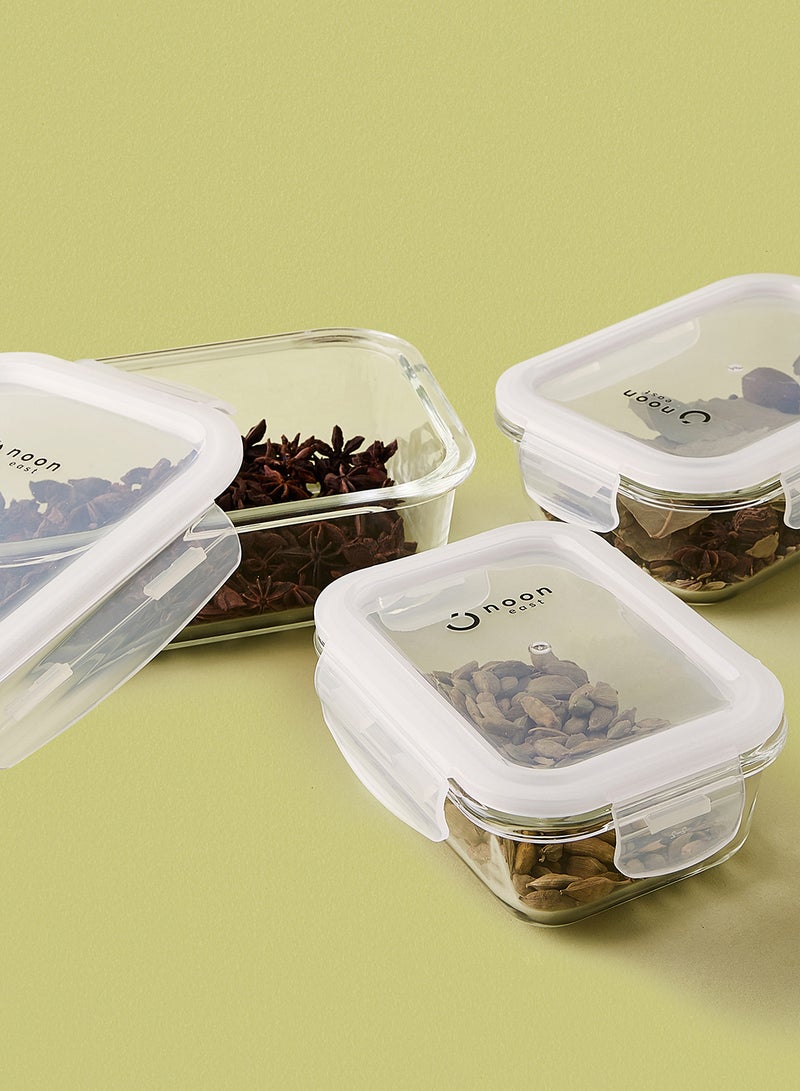 Noon East 3 Piece Borosilicate Glass Food Container Set - Airtight Lids - Lunch Box - Rectangle - Food Storage Box - Storage Boxes - Kitchen Cabinet Organizers - Glass Food Container - White White 3-Piece (Rectangle)  - Image 4