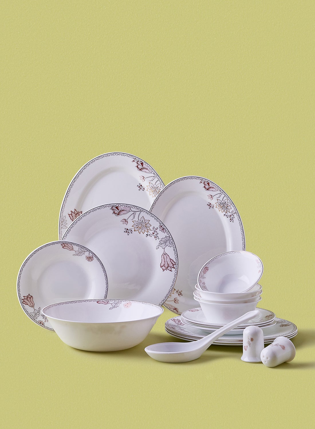 Noon East 18 Piece Opalware Dinner Set - Light Weight Dishes, Plates - Dinner Plate, Side Plate, Bowl, Serving Dish And Bowl - Serves 4 - Festive Design Tulip Gold White 