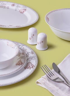 Noon East 18 Piece Opalware Dinner Set - Light Weight Dishes, Plates - Dinner Plate, Side Plate, Bowl, Serving Dish And Bowl - Serves 4 - Festive Design Tulip Gold White  - Image 4