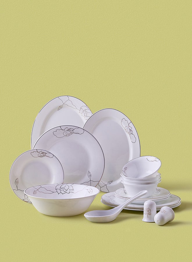 Noon East 18 Piece Opalware Dinner Set - Light Weight Dishes, Plates - Dinner Plate, Side Plate, Bowl, Serving Dish And Bowl - Serves 4 - Festive Design Lily Gold White 