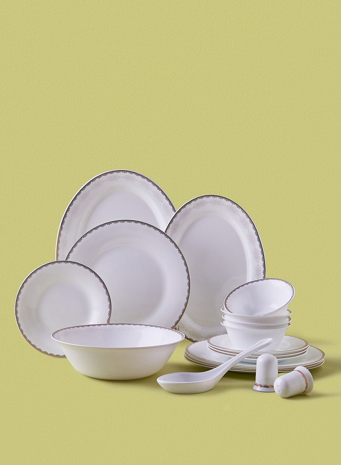 Noon East 18 Piece Opalware Dinner Set - Light Weight Dishes, Plates - Dinner Plate, Side Plate, Bowl, Serving Dish And Bowl - Serves 4 - Festive Design Lace White 