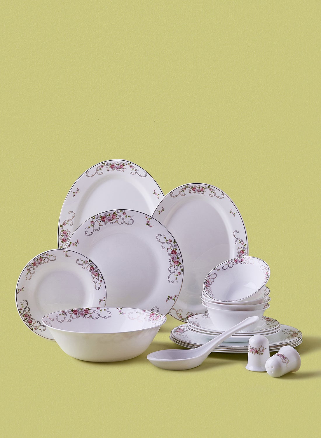 Noon East 18 Piece Opalware Dinner Set - Light Weight Dishes, Plates - Dinner Plate, Side Plate, Bowl, Serving Dish And Bowl - Serves 4 - Festive Design Orchid Gold White 