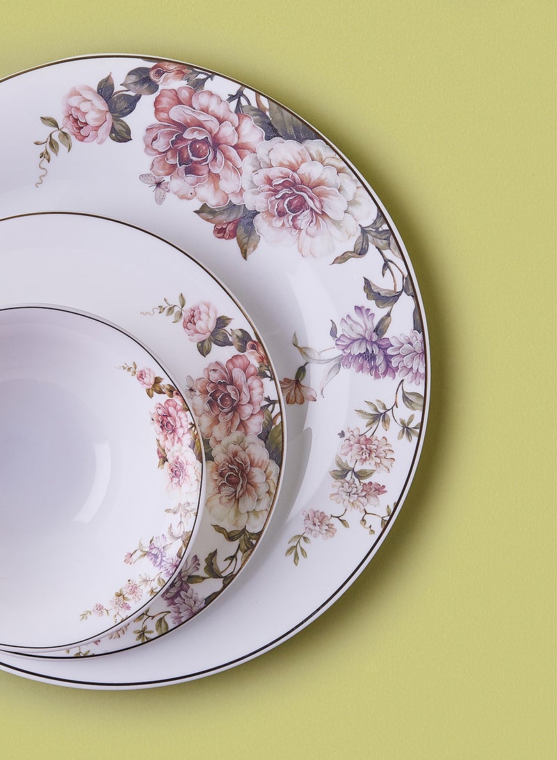 Noon East 18 Piece Opalware Dinner Set - Light Weight Dishes, Plates - Dinner Plate, Side Plate, Bowl, Serving Dish And Bowl - Serves 4 - Festive Design Carnation Gold White  - Image 3