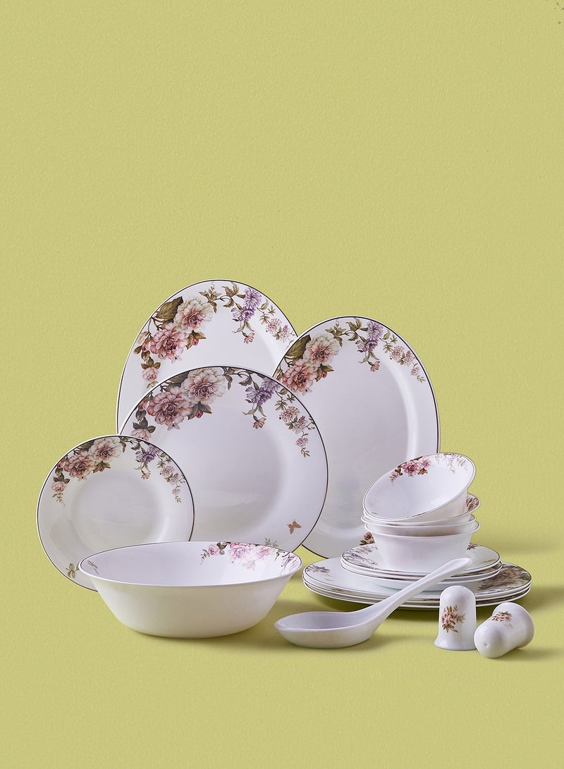 Noon East 18 Piece Opalware Dinner Set - Light Weight Dishes, Plates - Dinner Plate, Side Plate, Bowl, Serving Dish And Bowl - Serves 4 - Festive Design Carnation Gold White  - Image 1