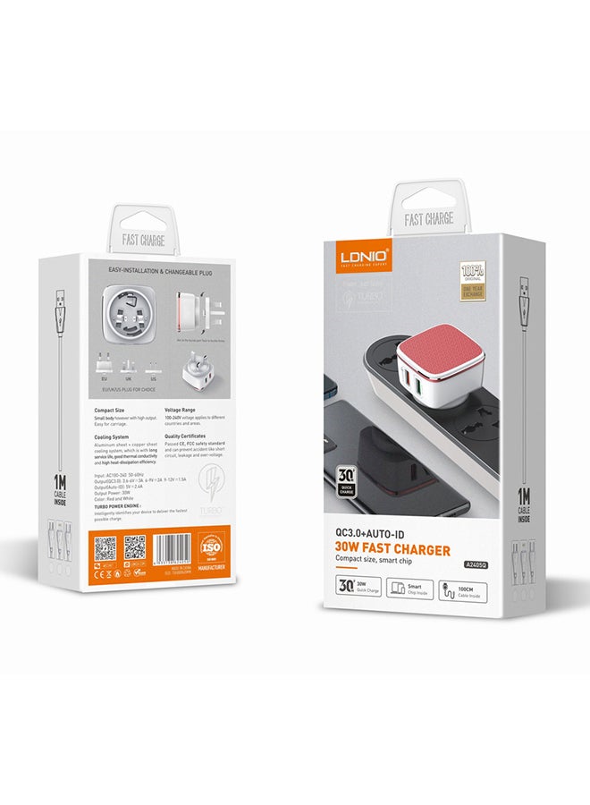 LDNIO Dual USB Wall Charger With Cable White/Red  - Image 3