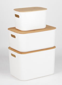 3-Piece Storage Box Set With Bamboo Lid Convenient to use Daily Simple Storage Hygienic and Organized TG51291MS3 White/Nature 24 x 37 x 26cm