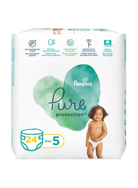 Pure Protection Diapers, Size 5, 11+ Kg, 24 Count - Dermatologically Tested, 0% Perfume, Chlorine And Bleaching