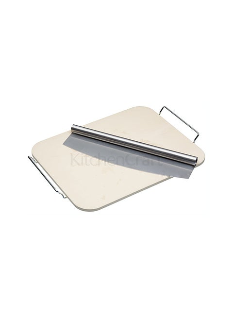 Pizza Baking Stone And Cutter With Base Silver