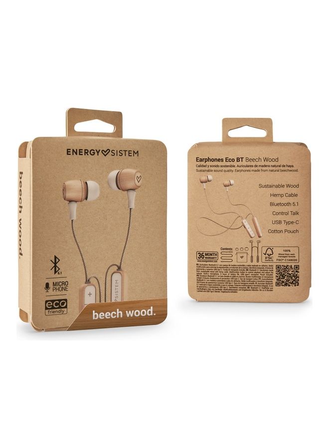 Energy Sistem - Energy Sistem Earphones Eco Bluetooth Beech Wood Headphones (In-Ear, Sustainable Wood, Hemp Cable, Microphone, USB Type C, Bluetooth 5.1)- Beech Wood - Image 1