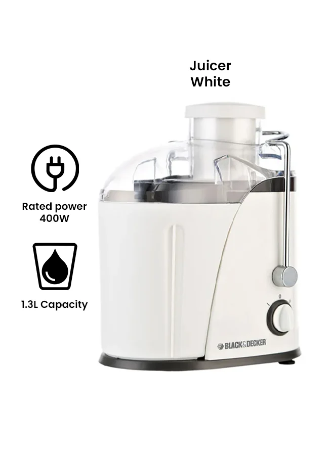 BLACK+DECKER High-Speed Juice Extractor, 65mm XL Feed Chute, 1.3L Pulp Container, 350ml Juice Cup, BPA Free, Stainless Steel Filter, Easy Fruit and Vegetable Juicing, 1.3 L 400 W JE400-B5 White