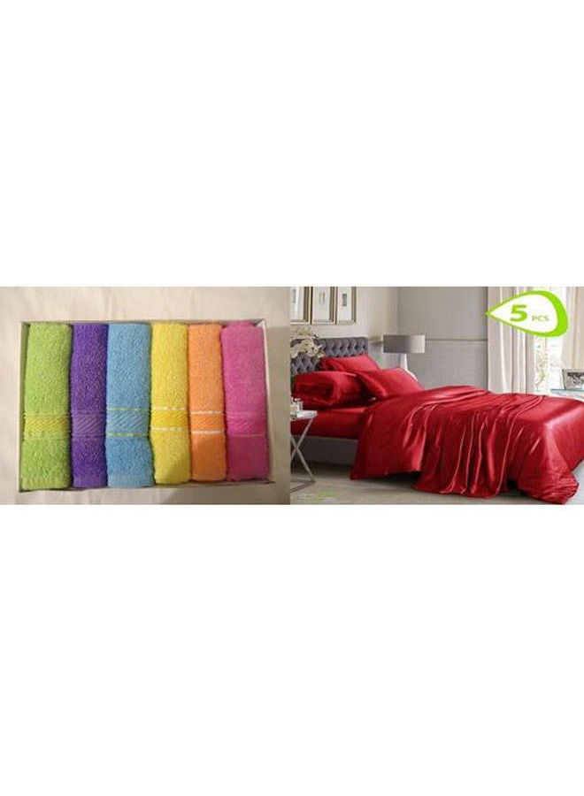 Satin Bed Sheet Set  5 Pcs Cotton Dark Red 160x45cm