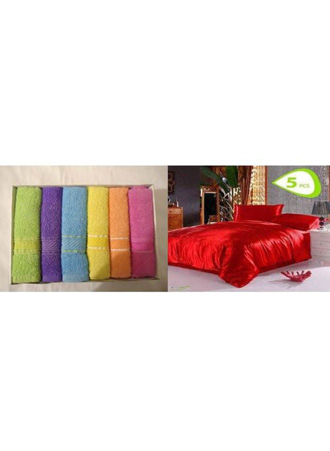 Satin Bed Sheet Set 5 Pcs With Cotton Towels - 6 Pcs Cotton Red 160x45cm