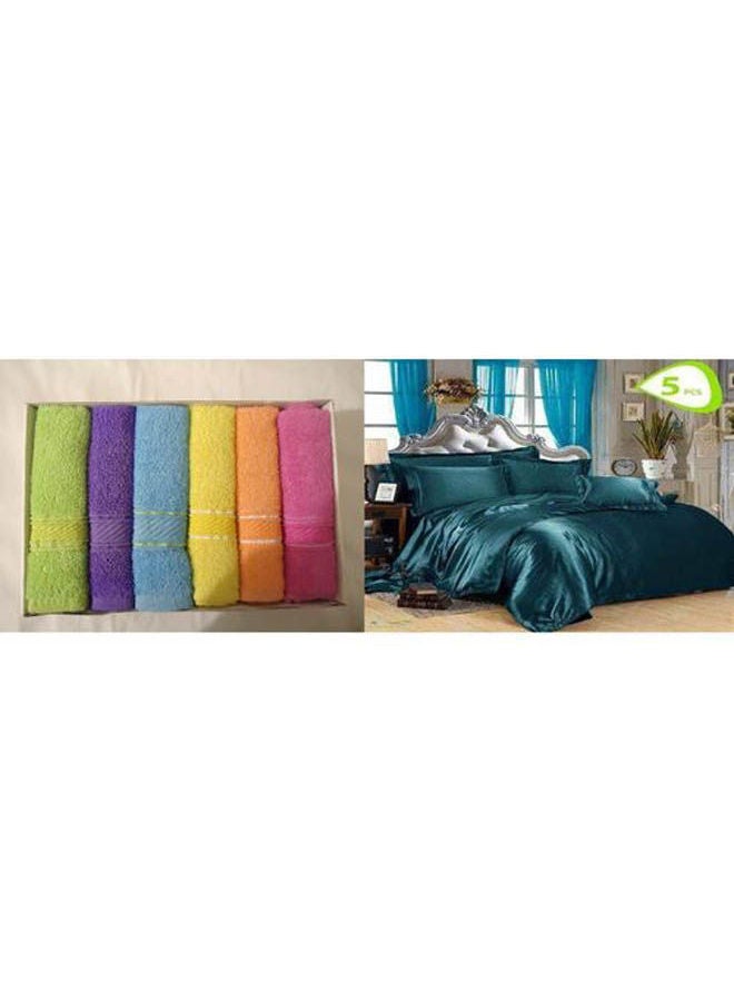 Satin Bed Sheet Set 5 Pcs With Cotton Towels - 6 Pcs Cotton Multicolour 160x45cm
