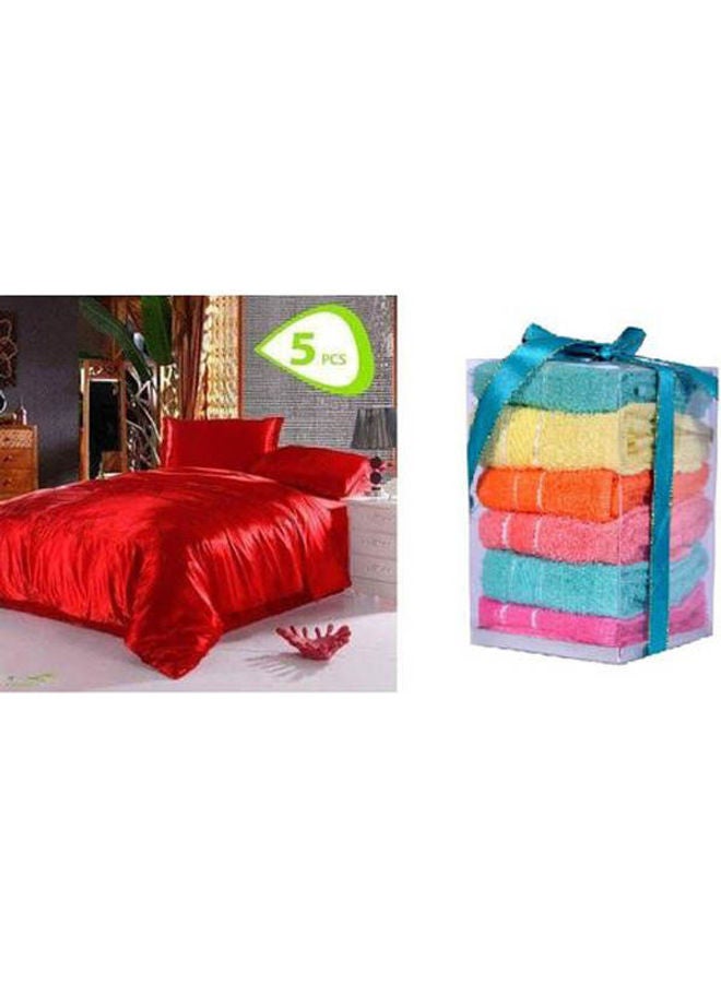 Satin Bed Sheet Set 5 Pcs With Cotton Towels - 6 Pcs Cotton Red 160x45cm