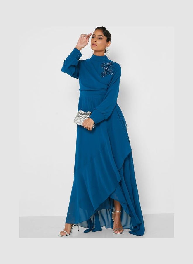 Khizana - Frill Detail Flare Dress Blue - Image 1