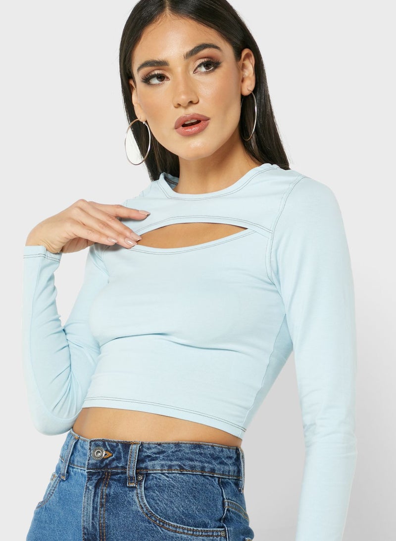 Cotton On - Keyhole Long Sleeve Top Sky-blue - Image 1