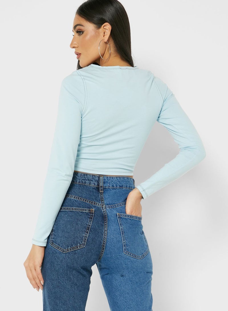 Cotton On - Keyhole Long Sleeve Top Sky-blue - Image 1