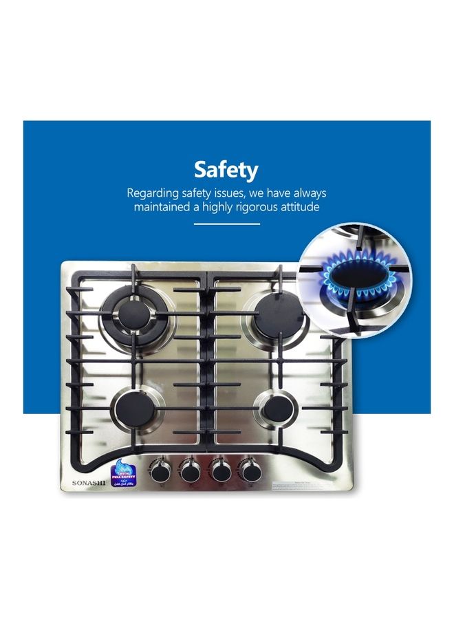 SONASHI - 4-Burner Gas Hob - 60 CMs | Featured with Front Control Panel and Cast Iron Pan Stand | Gas Hob with Top Quality Stainless Steel and Brush Finish SGH-401FFD Metallic Grey - Image 1
